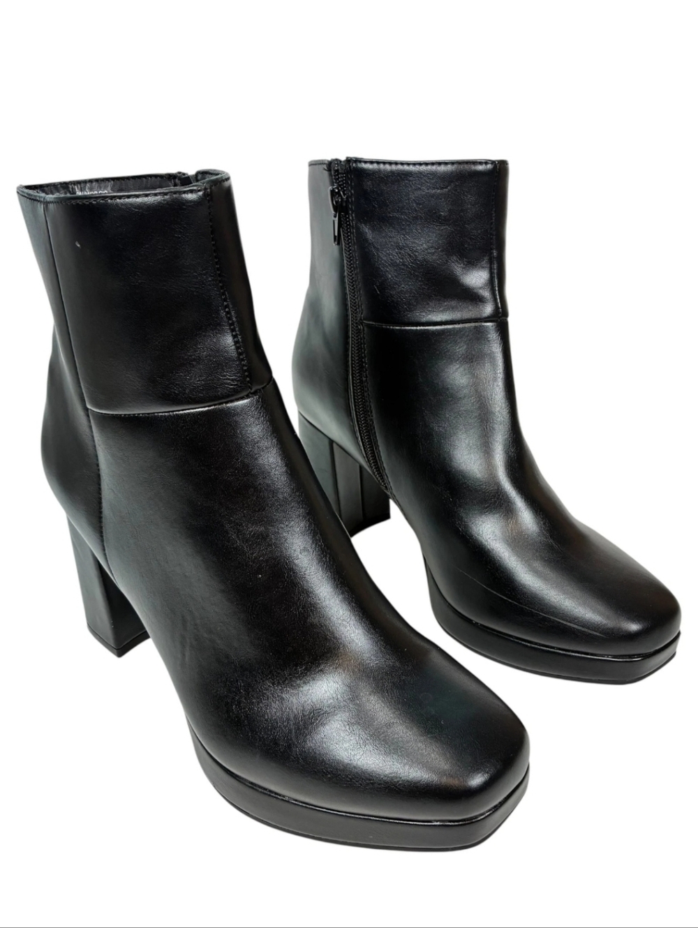 Women's Black Leather Platform Block Heel Ankle Boots